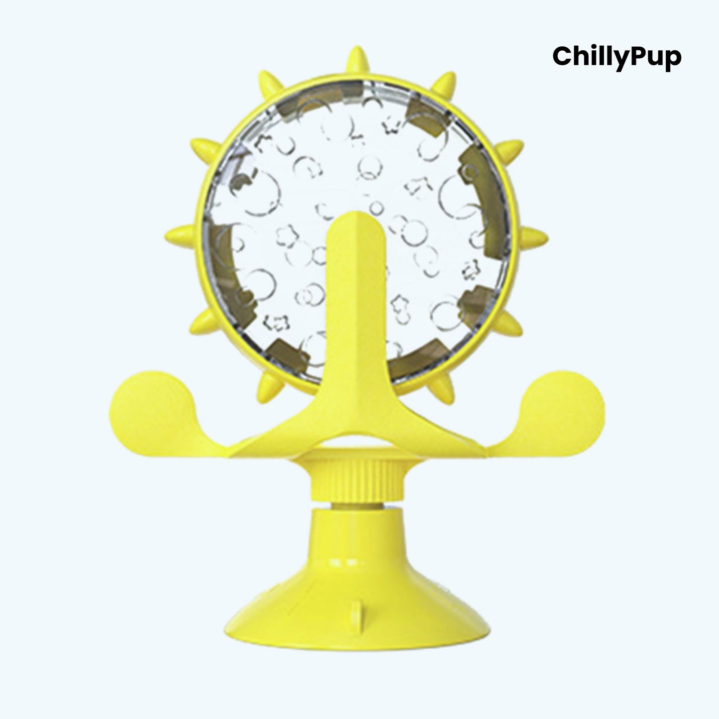 Yellow dog toy with suction cup and textured surface on a white background, branded 'ChillyPup'.