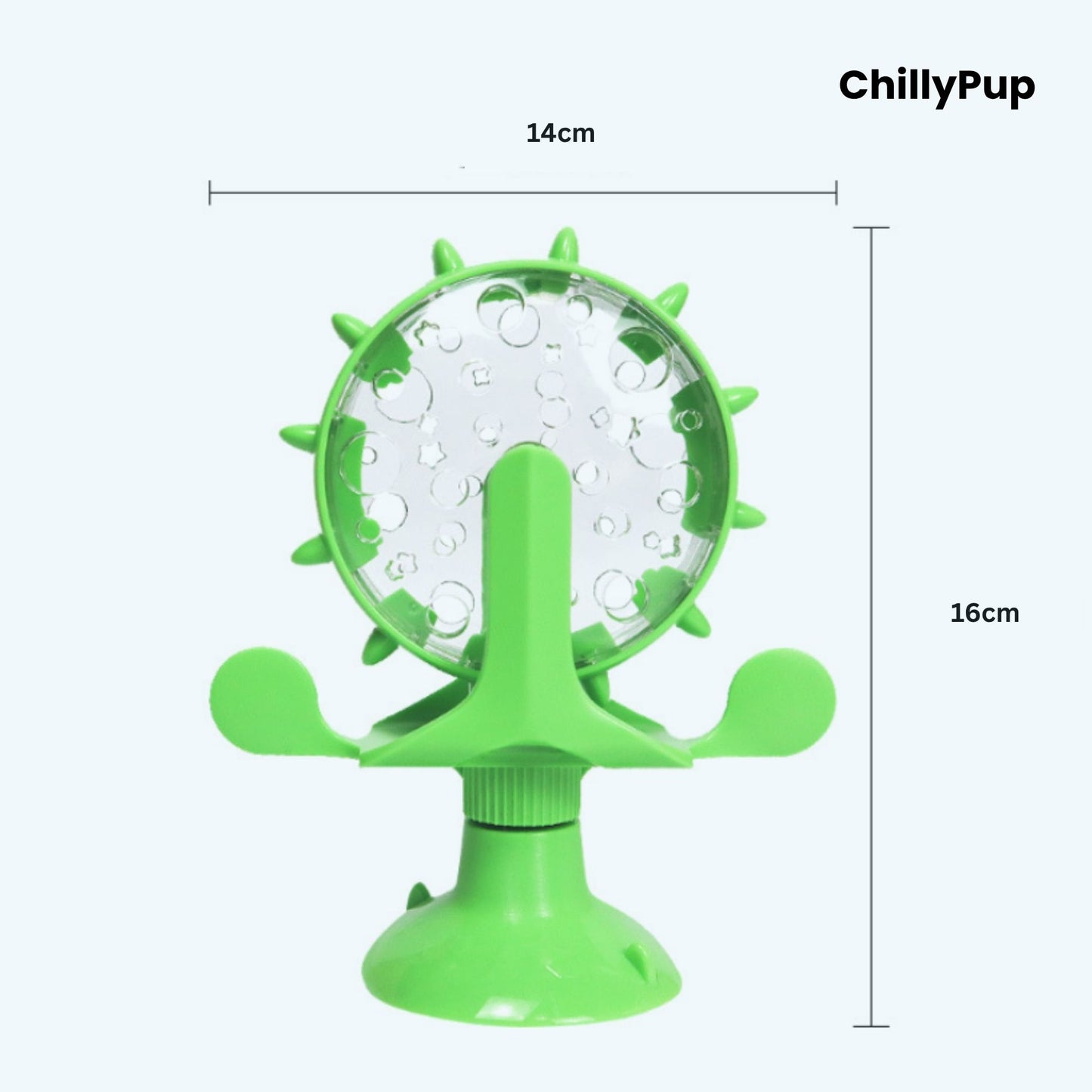 Green pet toy with measurements on a white background, branded 'ChillyPup'.