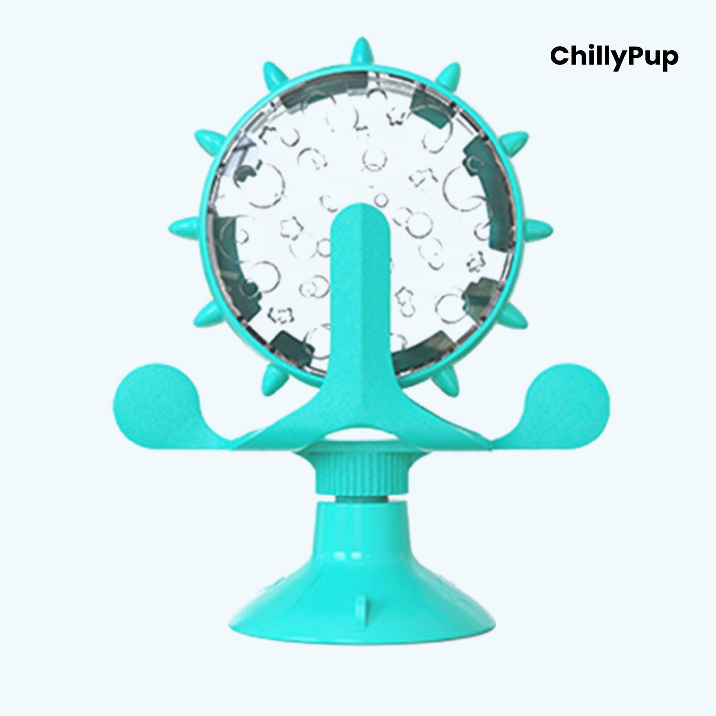 Turquoise pet toy with suction cup and circular textured surface on a white background, branded 'ChillyPup'.