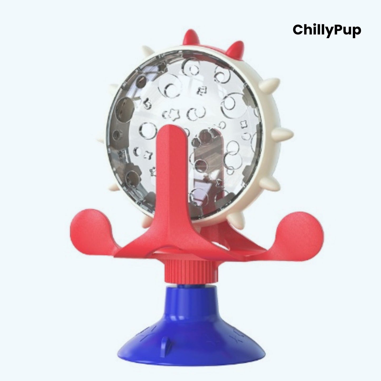 Red and blue pet toy with a circular design on a white background, branded 'ChillyPup'.