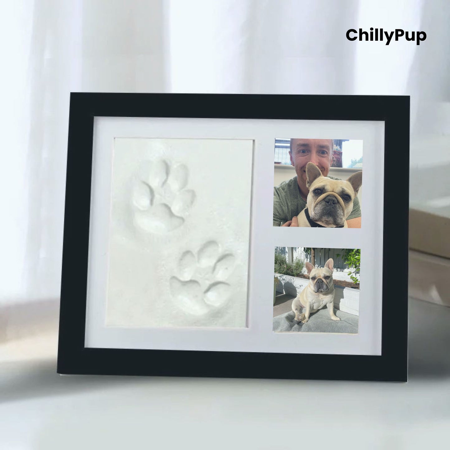 Framed pet print with a photo of a person and a dog, branded 'ChillyPup'