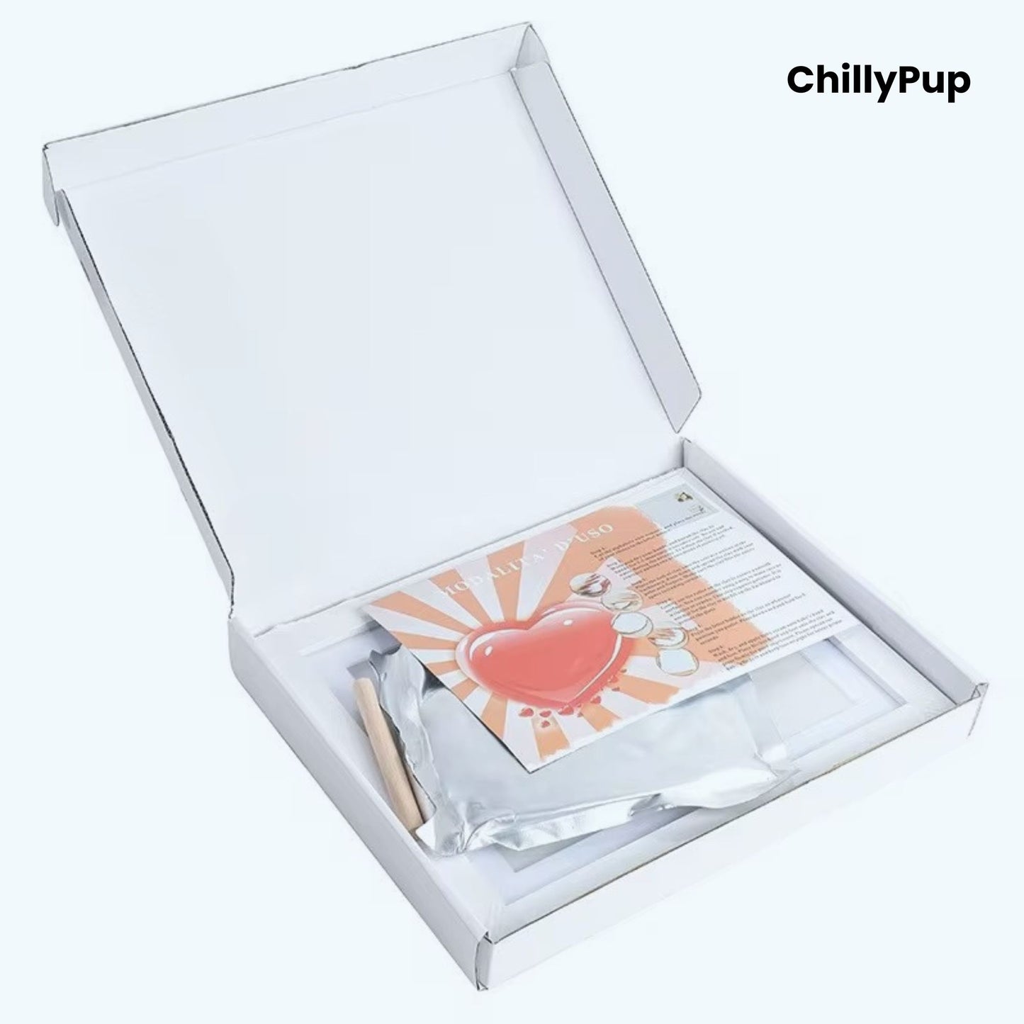 Product packaging with a heart design and 'ChillyPup' branding on a white background