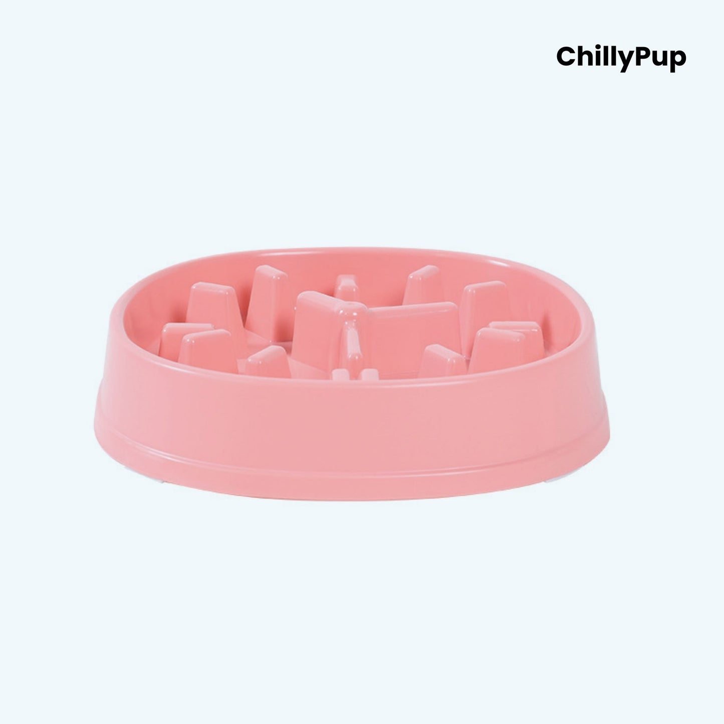 Pink dog bowl with raised rim on a white background, branded 'ChillyPup'.