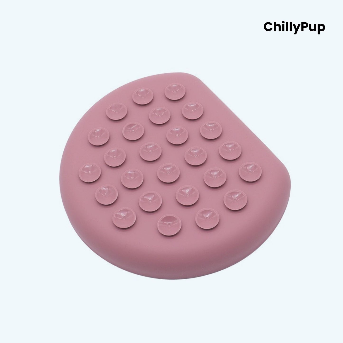 Pink pet bowl with maze design on a light purple background, branded 'ChillyPup'.
