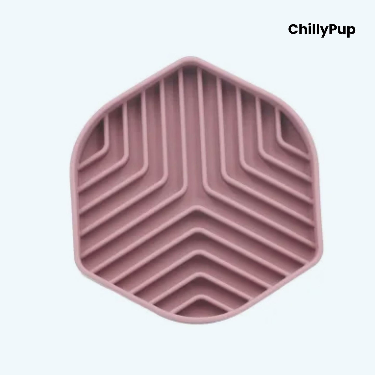 Hexagonal silicone mat with zigzag pattern on a light grey background, branded 'ChillyPup'.