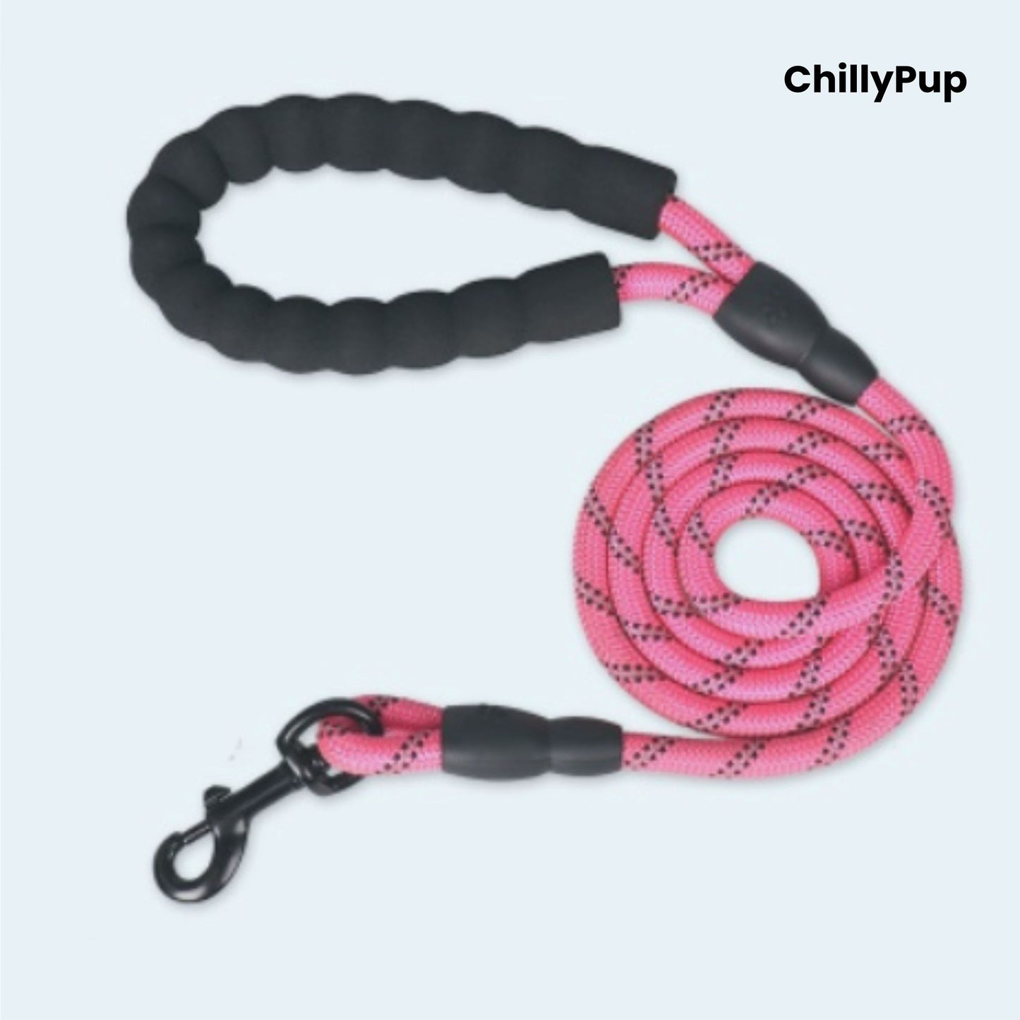 Pink dog Lead with black handle and clip on a white background, branded 'ChillyPup'.