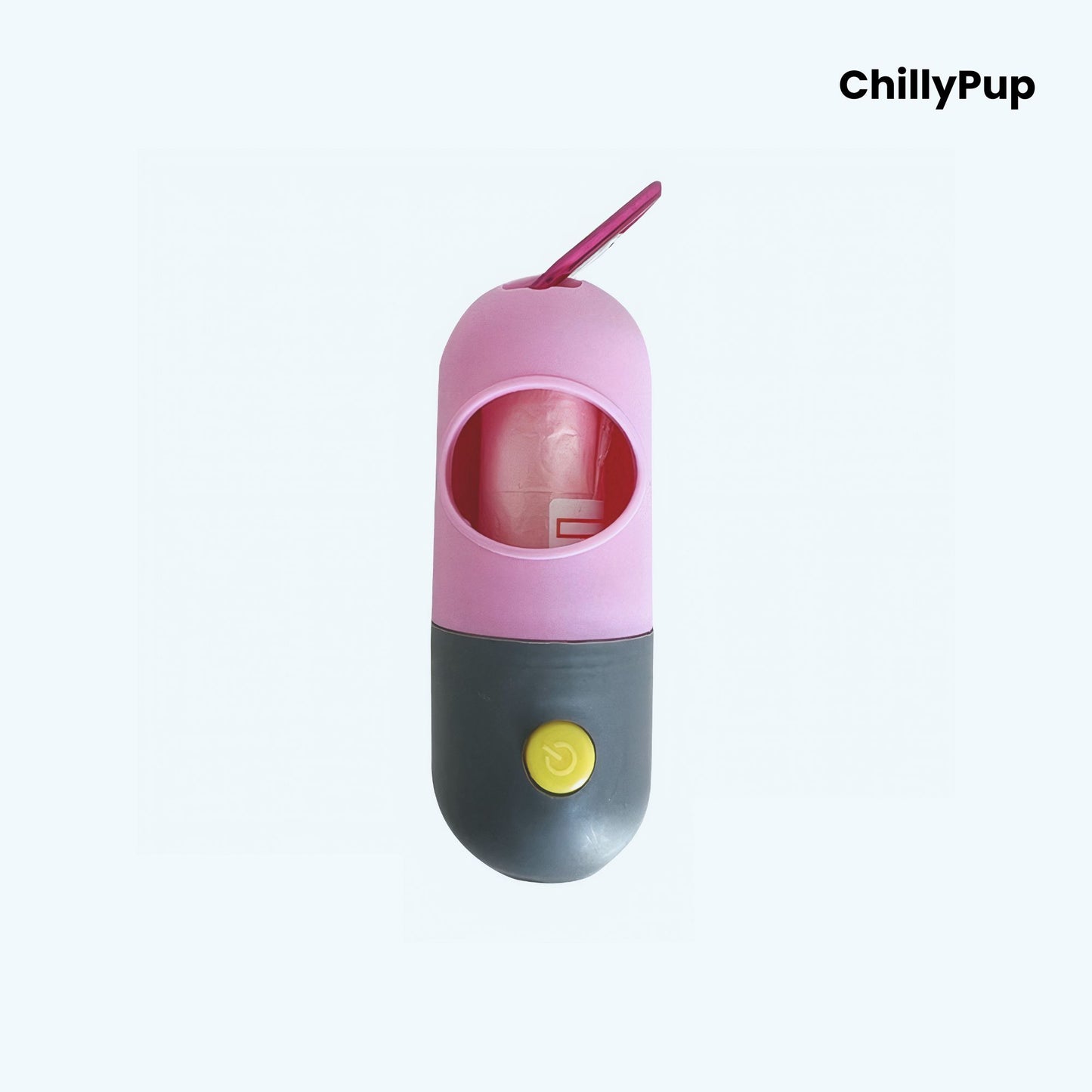Pink colour poo bag holder with built in LED with 'ChillyPup' branding on a white background.
