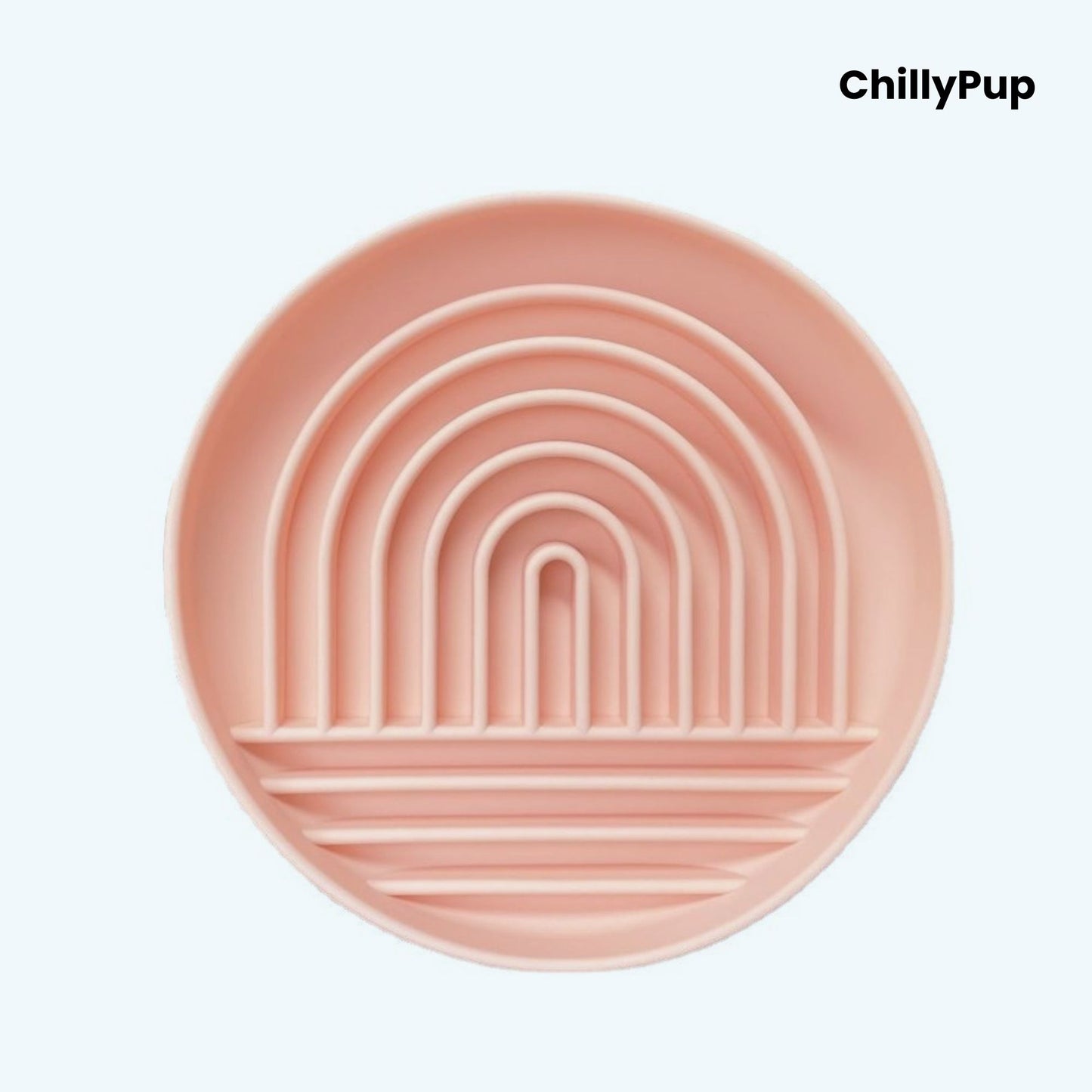 Pink silicone bowl with wavy design on a white background, branded 'ChillyPup'.