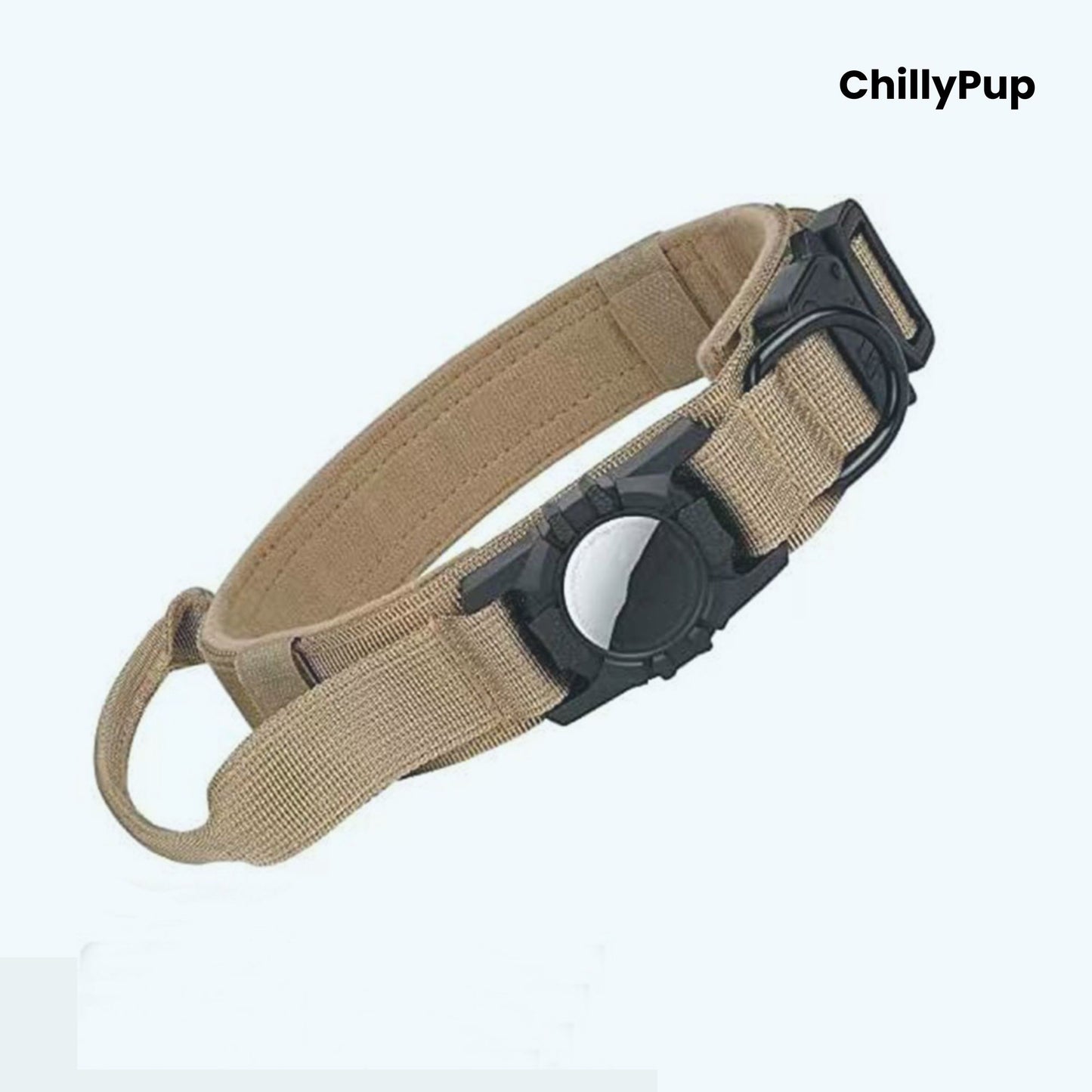 Brown dog collar with black hardware on a white background, branded 'ChillyPup'.