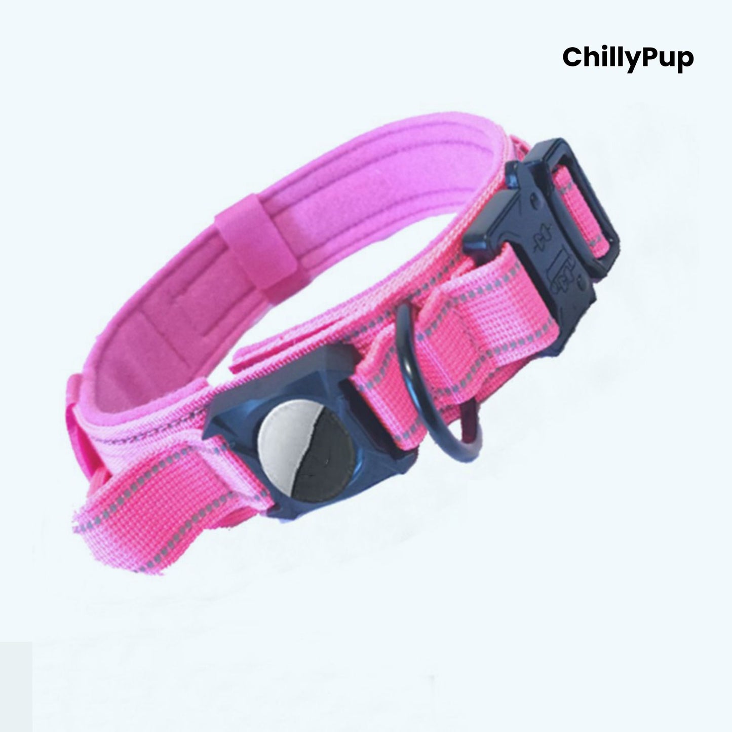 Pink dog collar with black hardware on a white background, branded 'ChillyPup'.