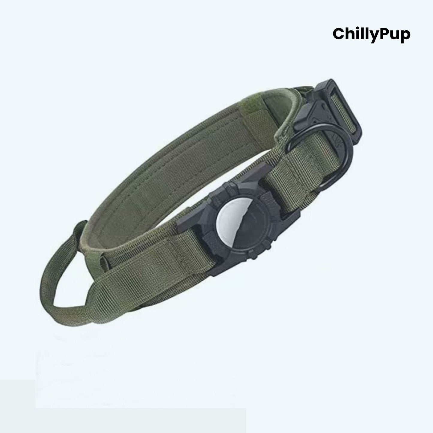 Green dog collar with black hardware on a white background, branded 'ChillyPup'.