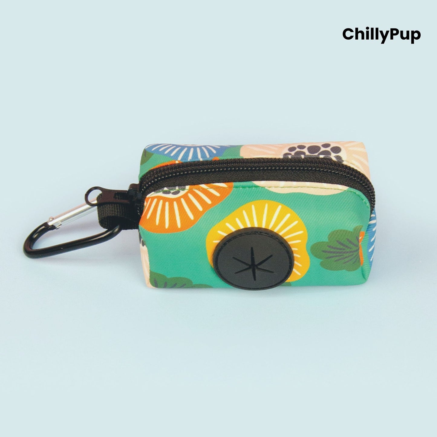 Poo bag holder on a colourful background with Chillypup branding
