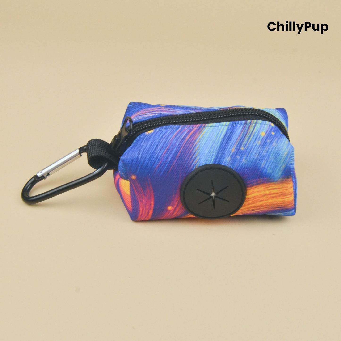 Poo bag holder on a colourful background with Chillypup branding