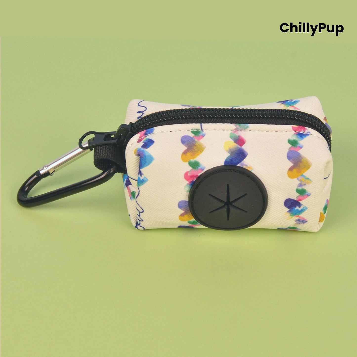 Poo bag holder on a colourful background with Chillypup branding