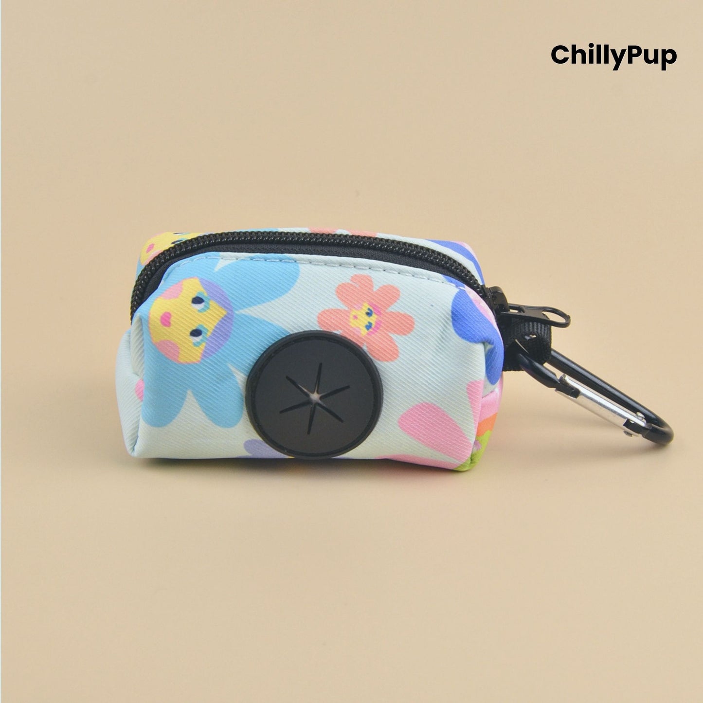 Poo bag holder on a colourful background with Chillypup branding