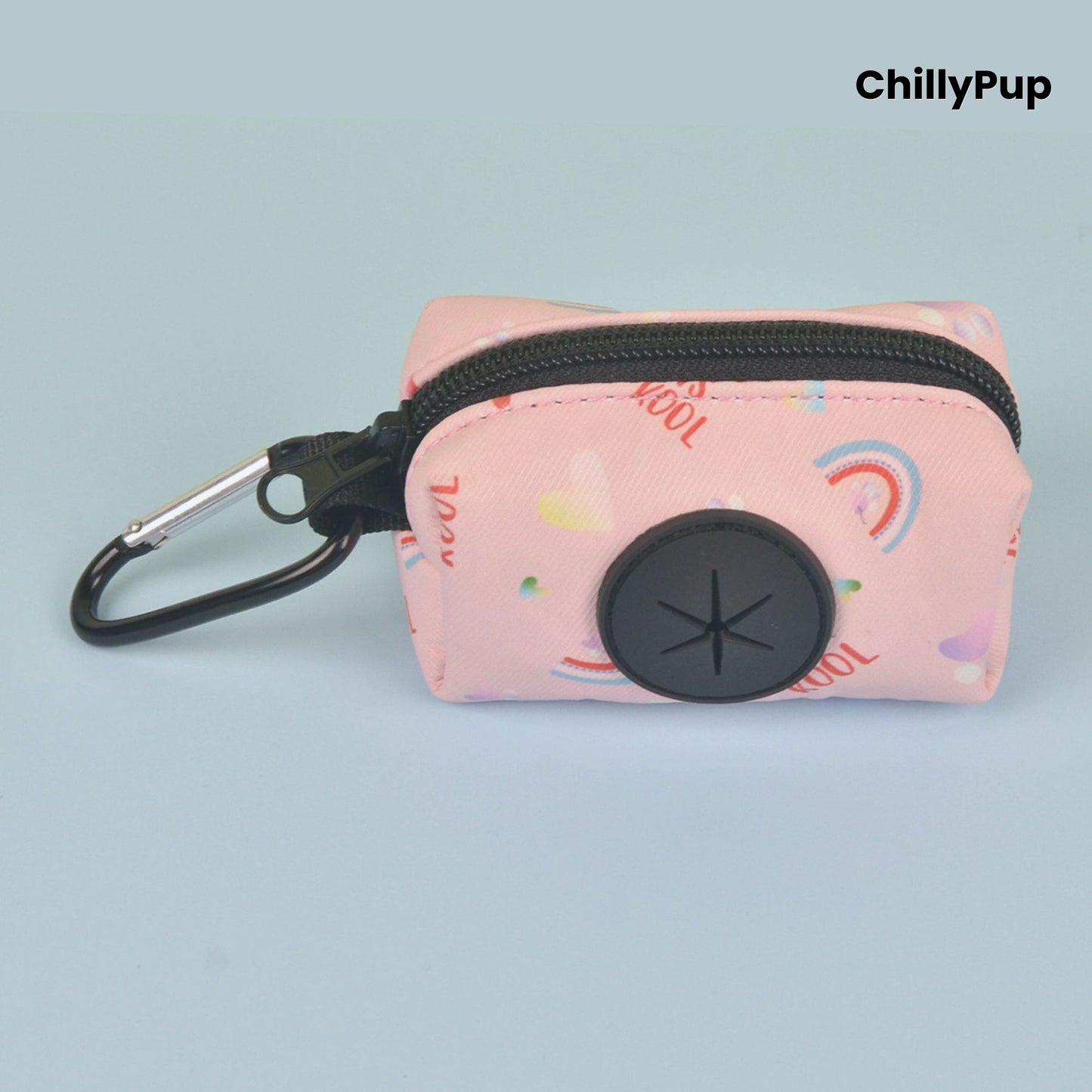 Poo bag holder on a colourful background with Chillypup branding