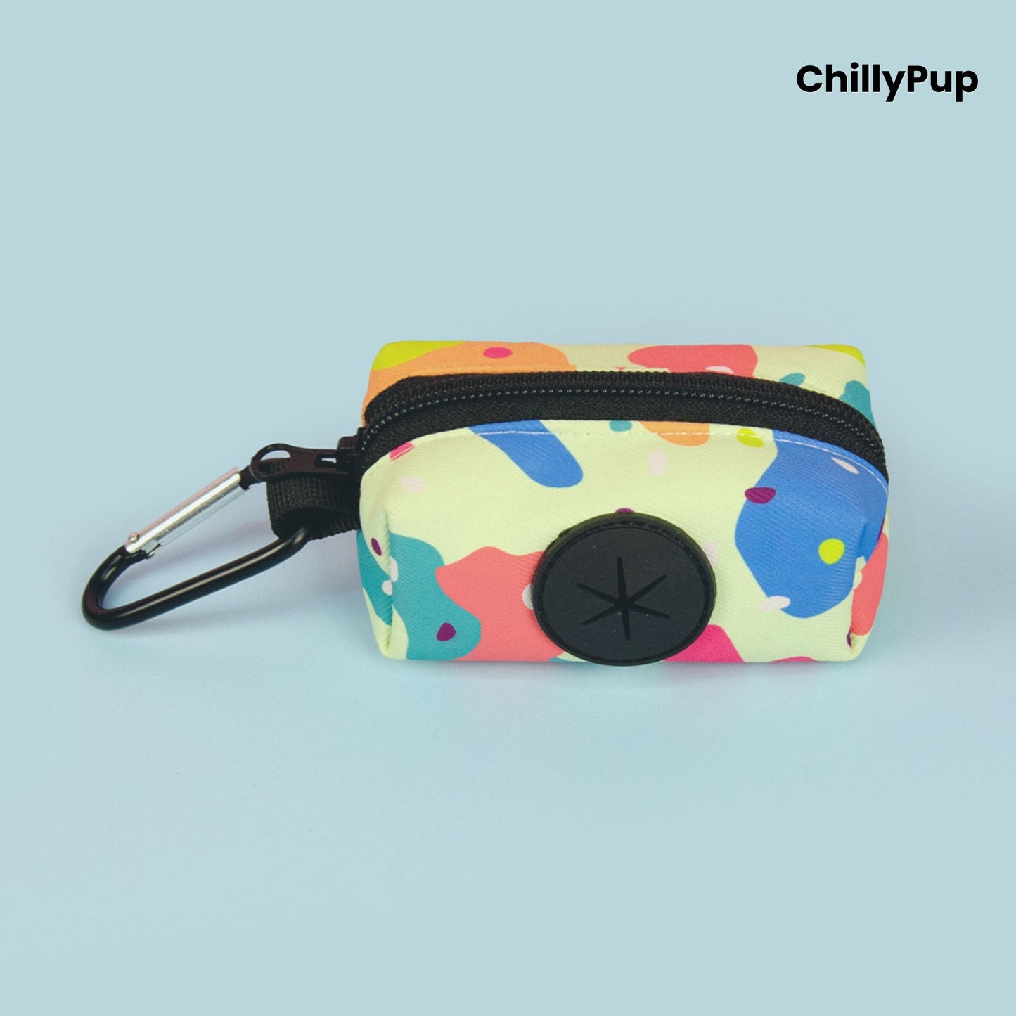 Poo bag holder on a colourful background with Chillypup branding