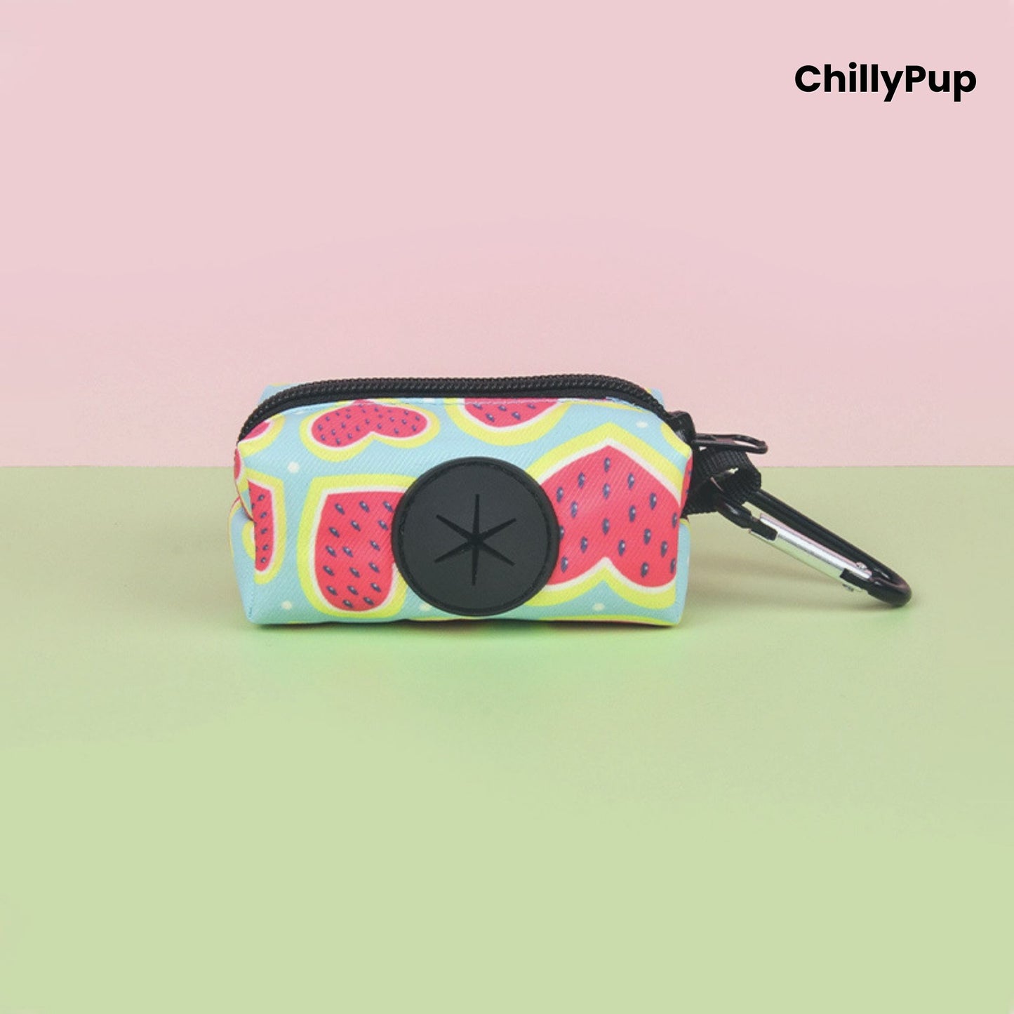 Poo bag holder on a colourful background with Chillypup branding