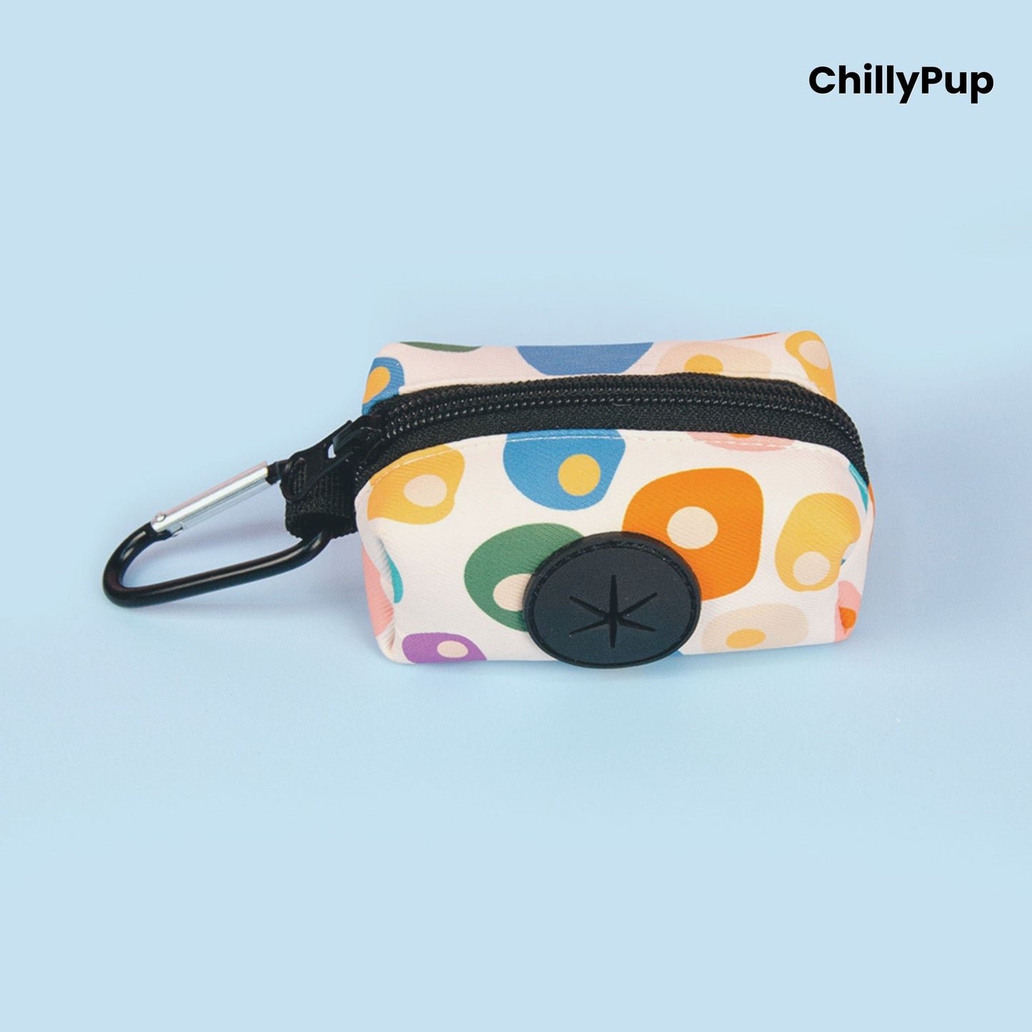 Poo bag holder on a colourful background with Chillypup branding