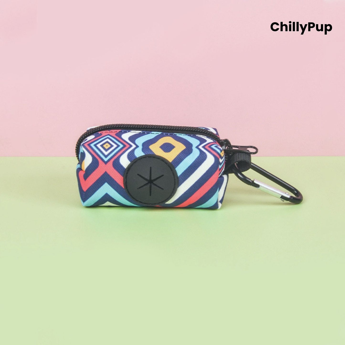 Poo bag holder on a colourful background with Chillypup branding
