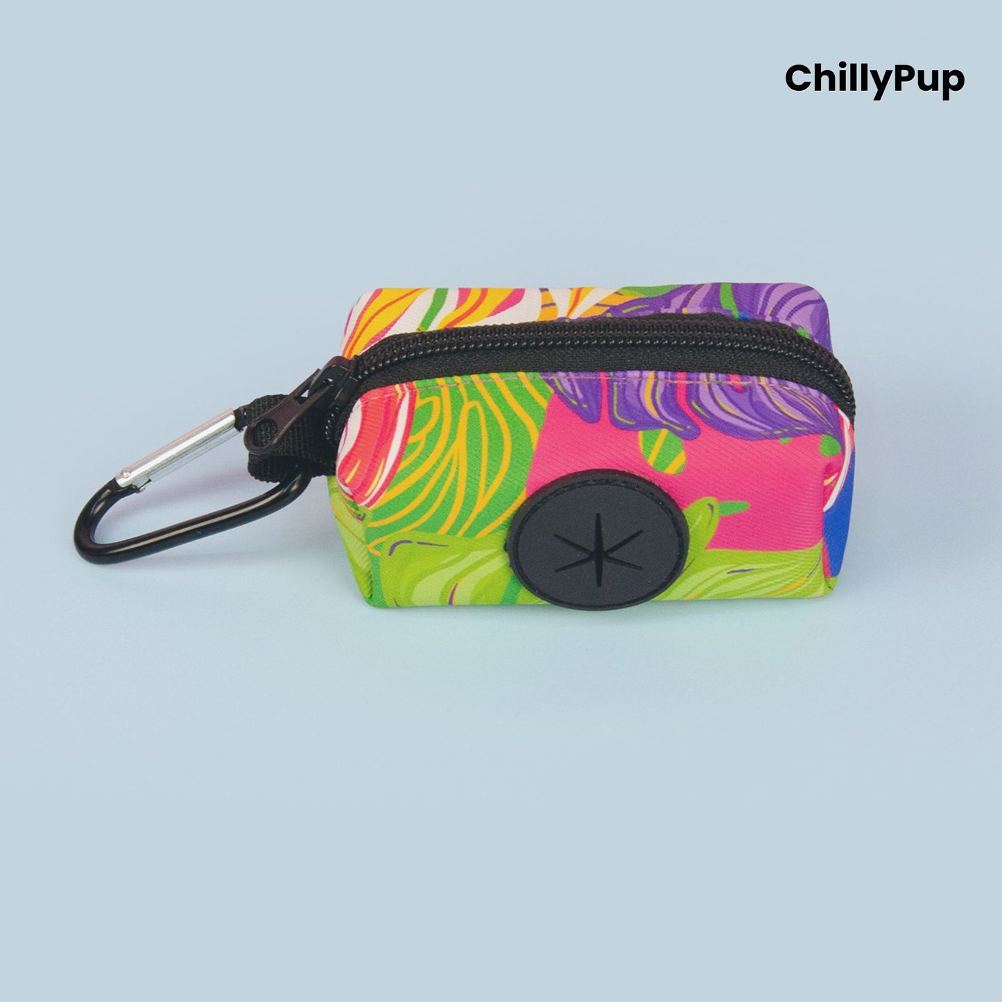 Poo bag holder on a colourful background with Chillypup branding