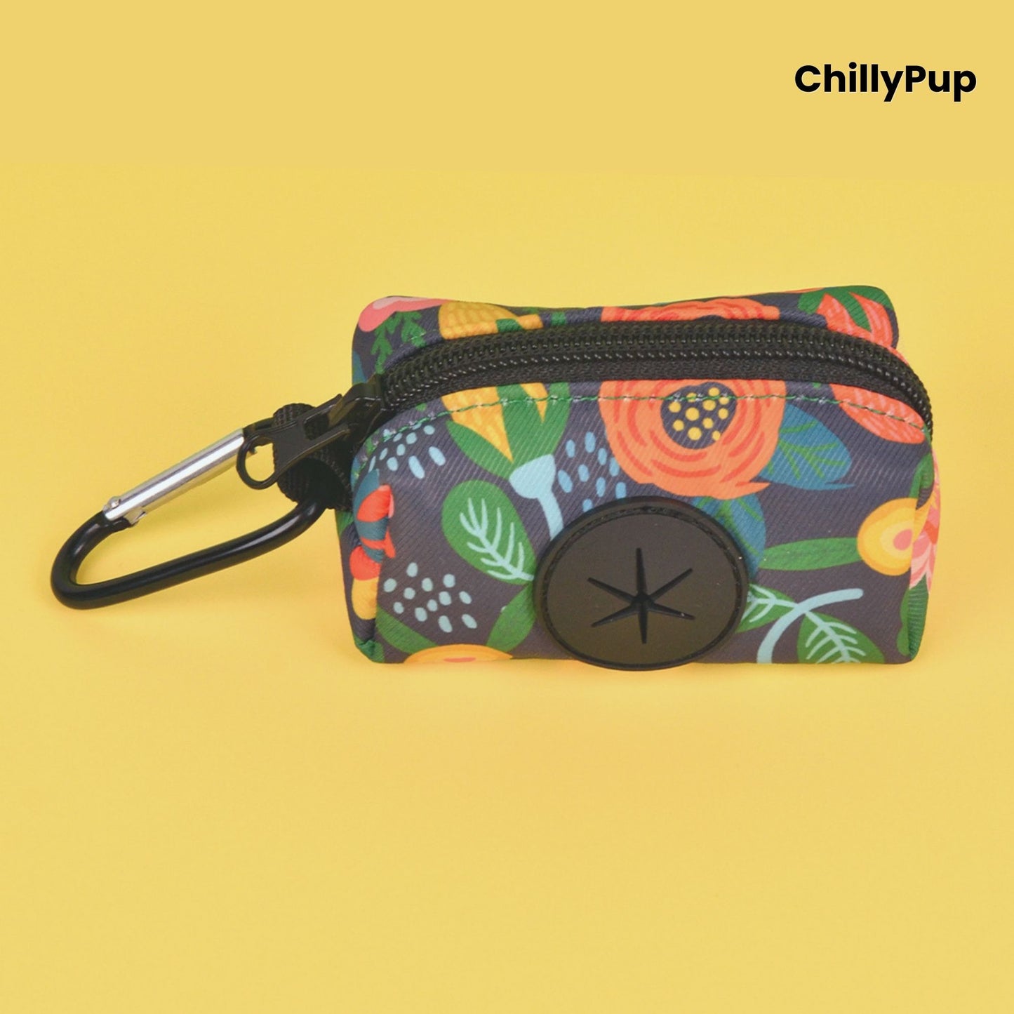 Poo bag holder on a colourful background with Chillypup branding