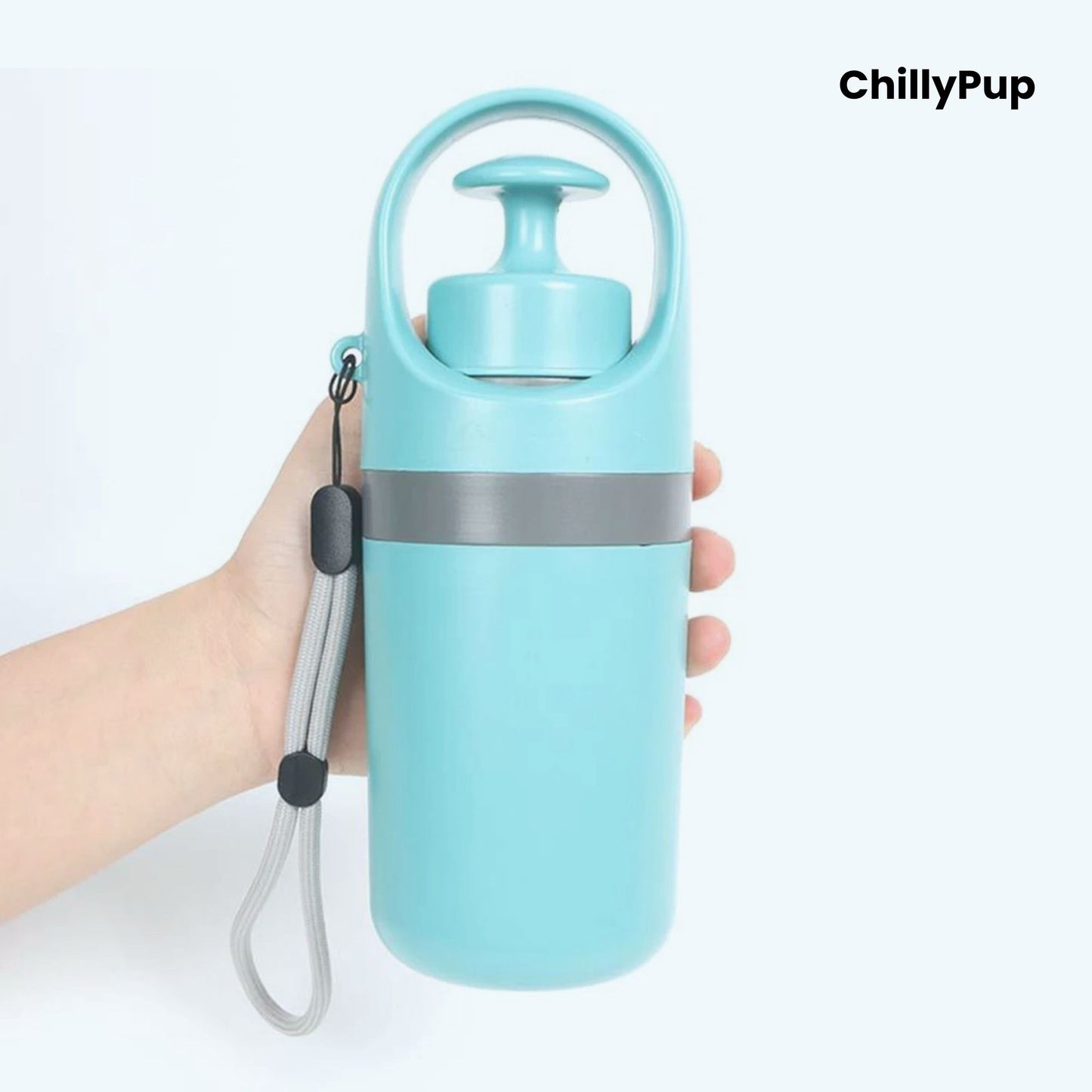 Turquoise pet pooper scooper with handle and strap held by a hand on a white background, branded 'ChillyPup'.