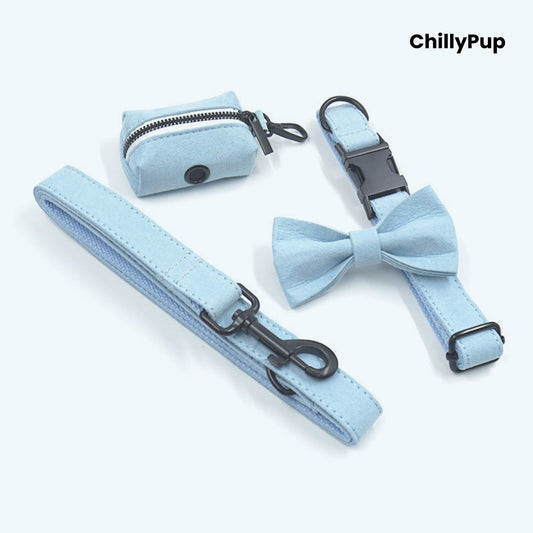 Blue pet lead, collar, and pouch set with a bow on a white background, branded 'ChillyPup'.