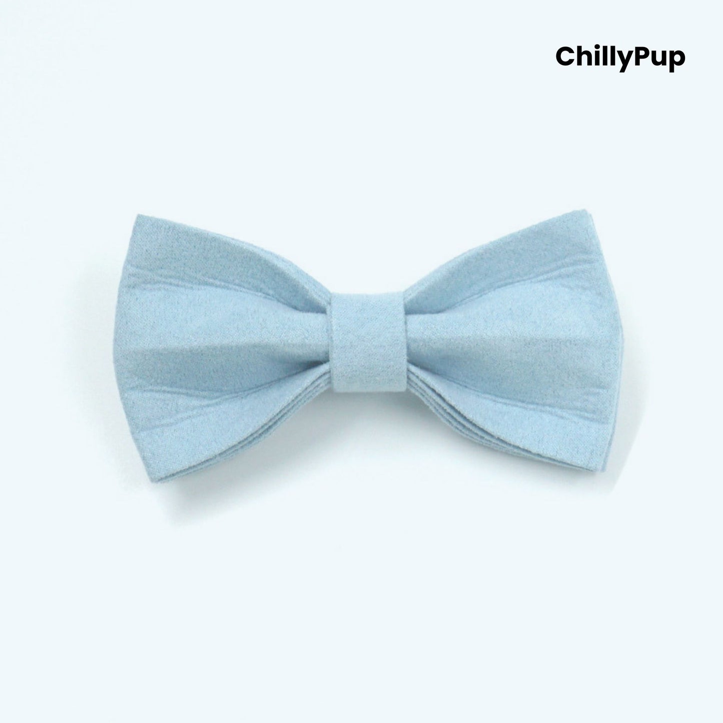 Blue pet lead, collar, and pouch set with a bow on a white background, branded 'ChillyPup'.