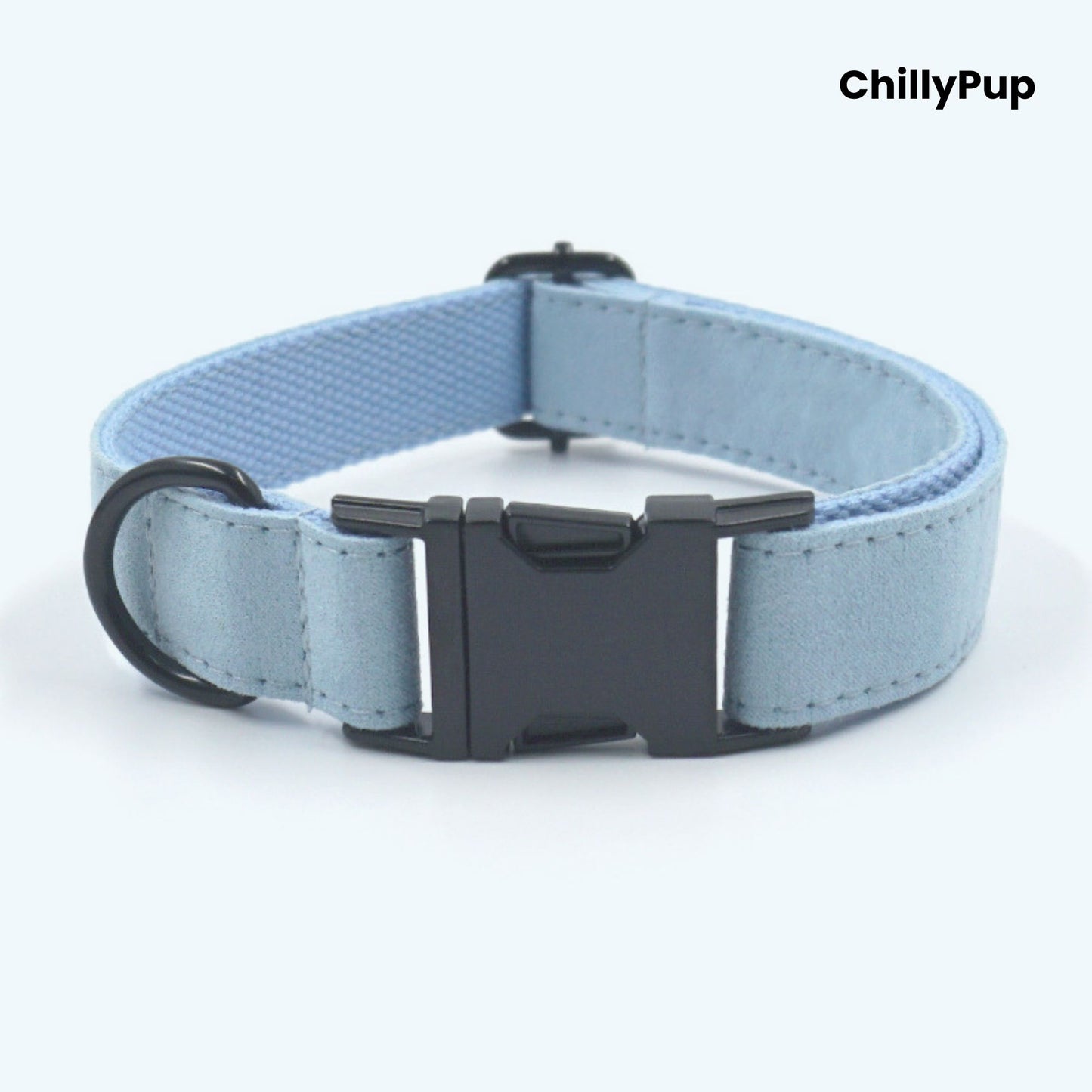 Blue pet lead, collar, and pouch set with a bow on a white background, branded 'ChillyPup'.