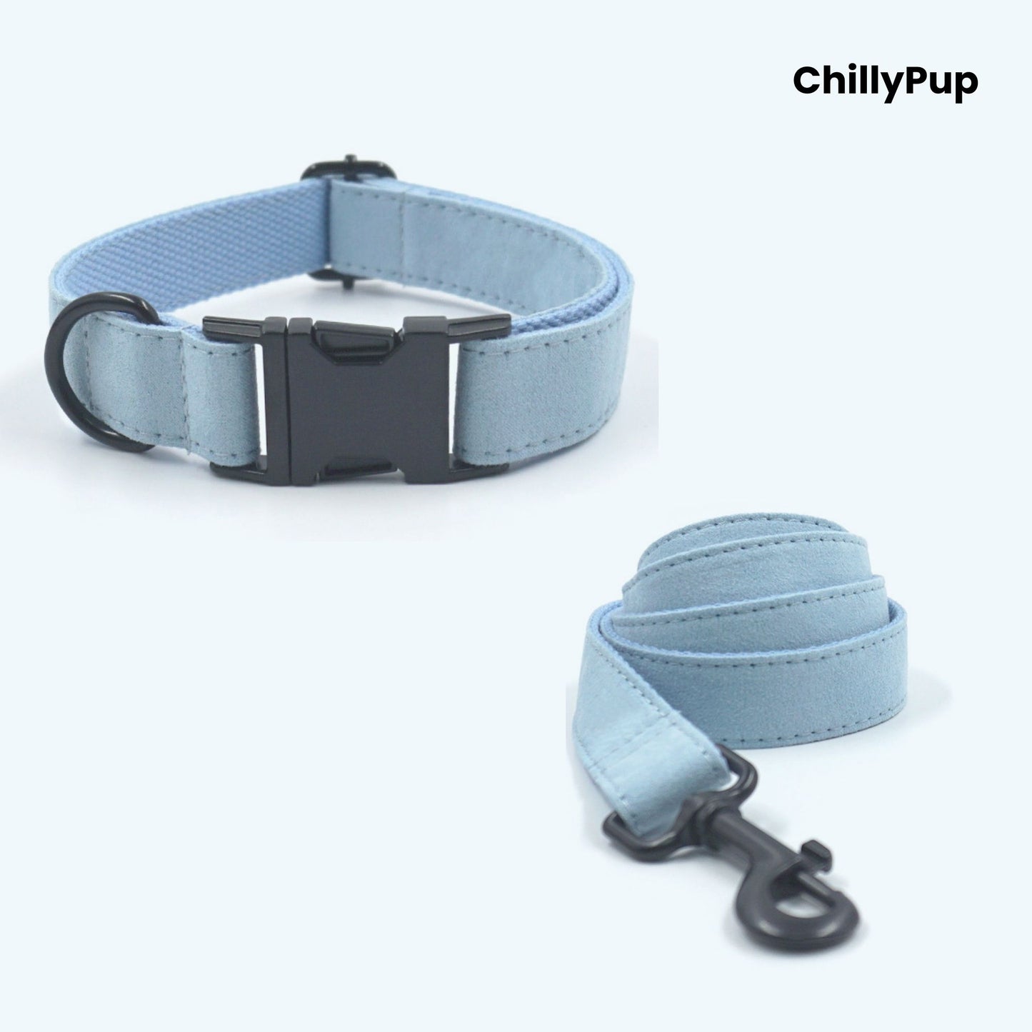 Blue pet lead, collar, and pouch set with a bow on a white background, branded 'ChillyPup'.