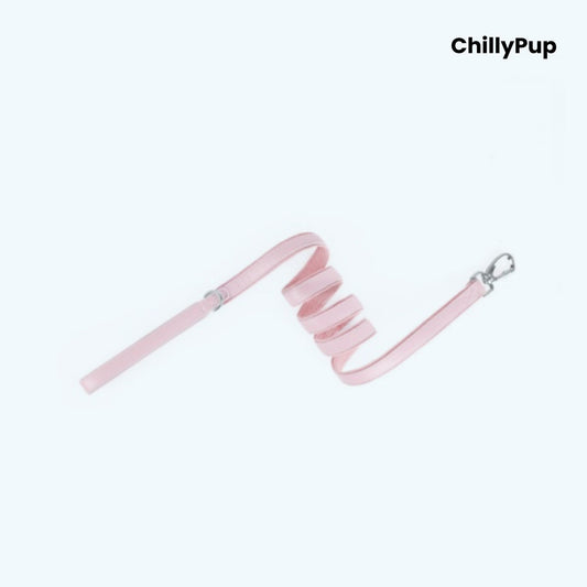 Pink dog lead with coiled design on a white background, branded 'ChillyPup'.