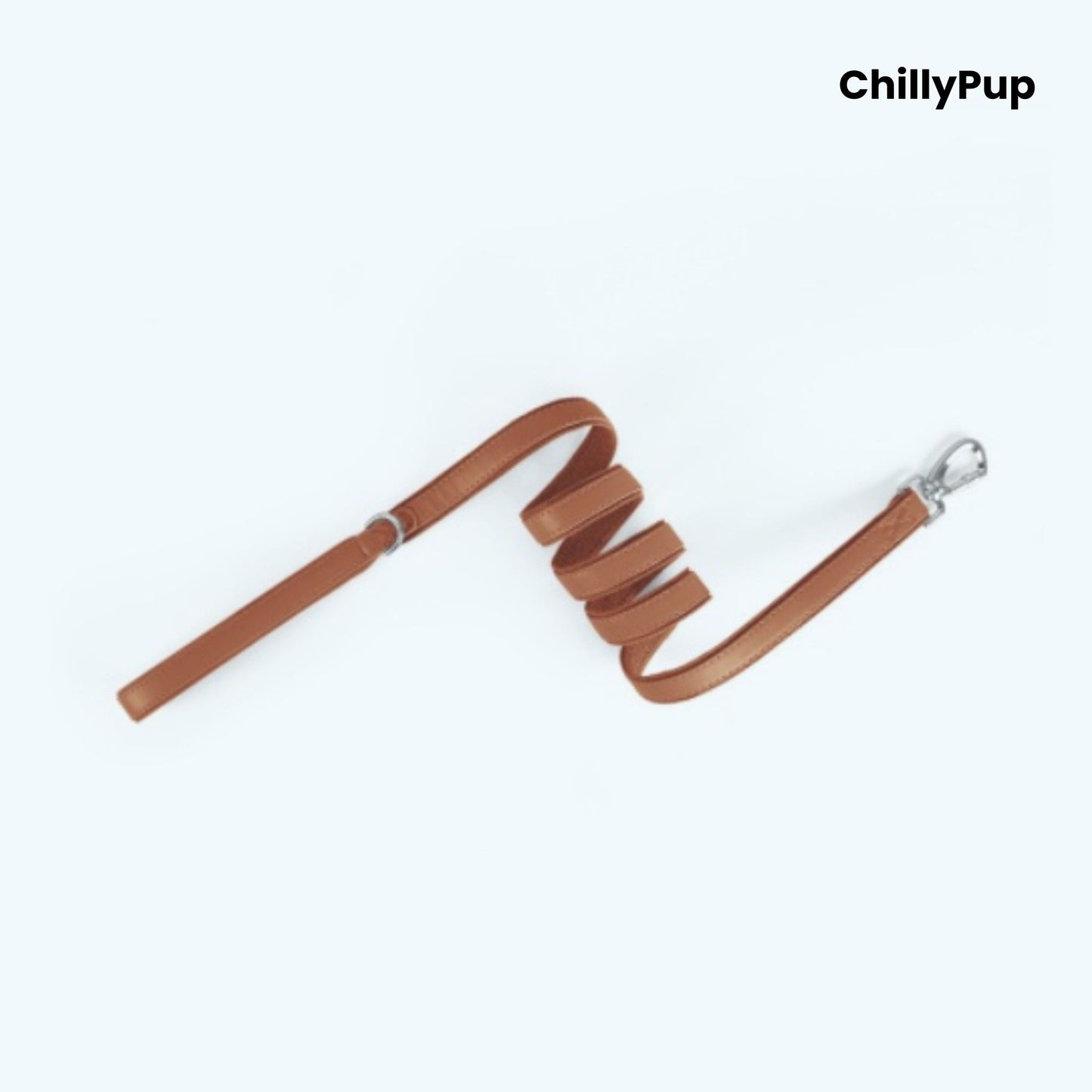 Brown dog lead with coiled design on a white background, branded 'ChillyPup'.