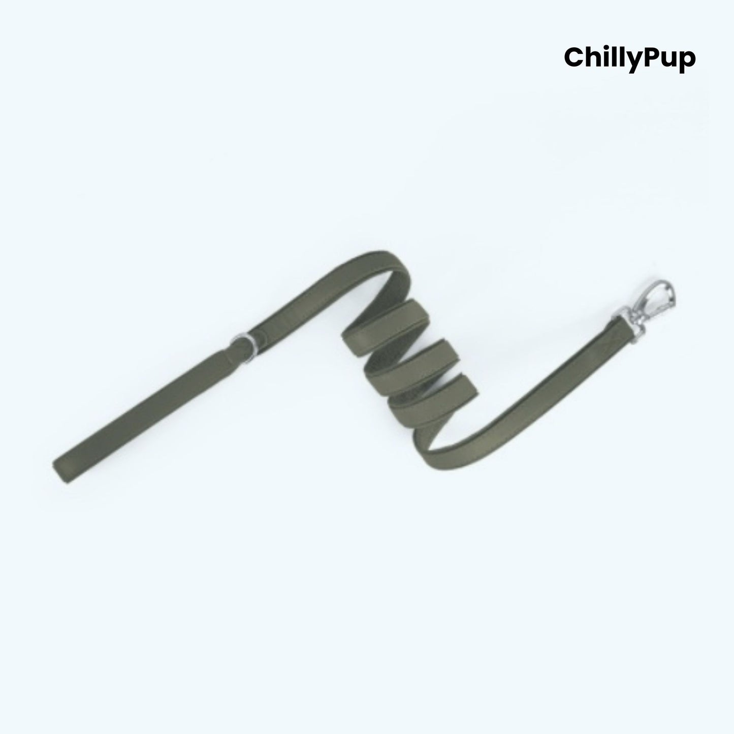 Green dog lead with coiled design on a white background, branded 'ChillyPup'.