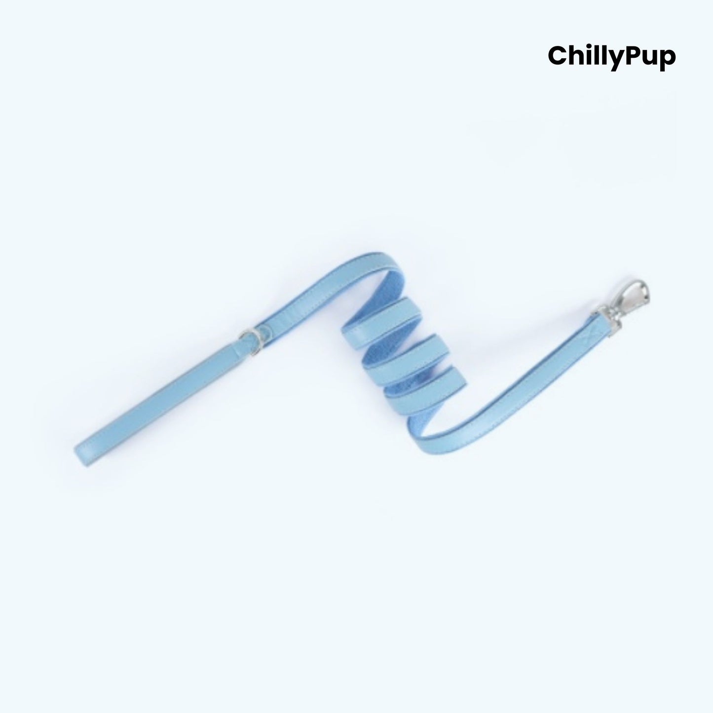 Blue dog lead with coiled design on a white background, branded 'ChillyPup'.
