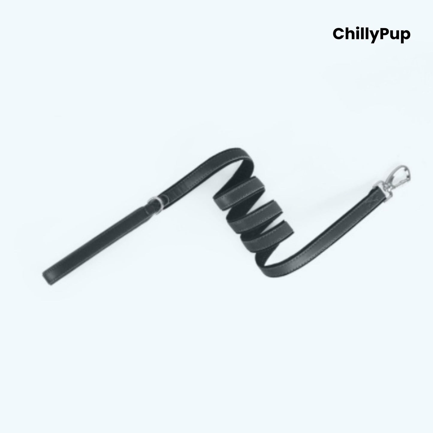 Black dog lead with coiled design on a white background, branded 'ChillyPup'.