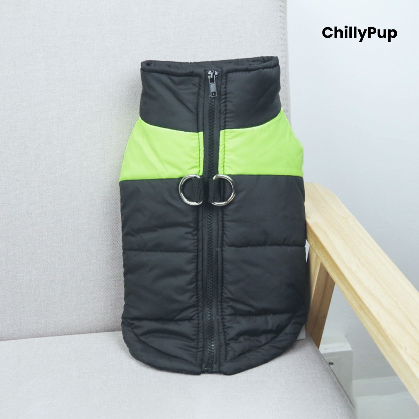 Black and green dog coat with a visible Chillypup name on a light grey surface.