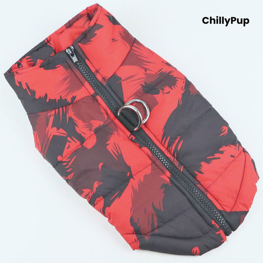 Red and black patterned dog coat with a visible brand name on a white background