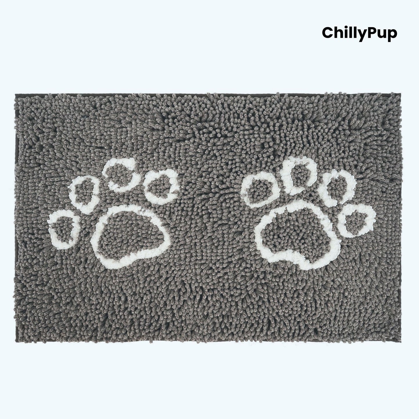Grey mat with white paw prints and 'ChillyPup' branding