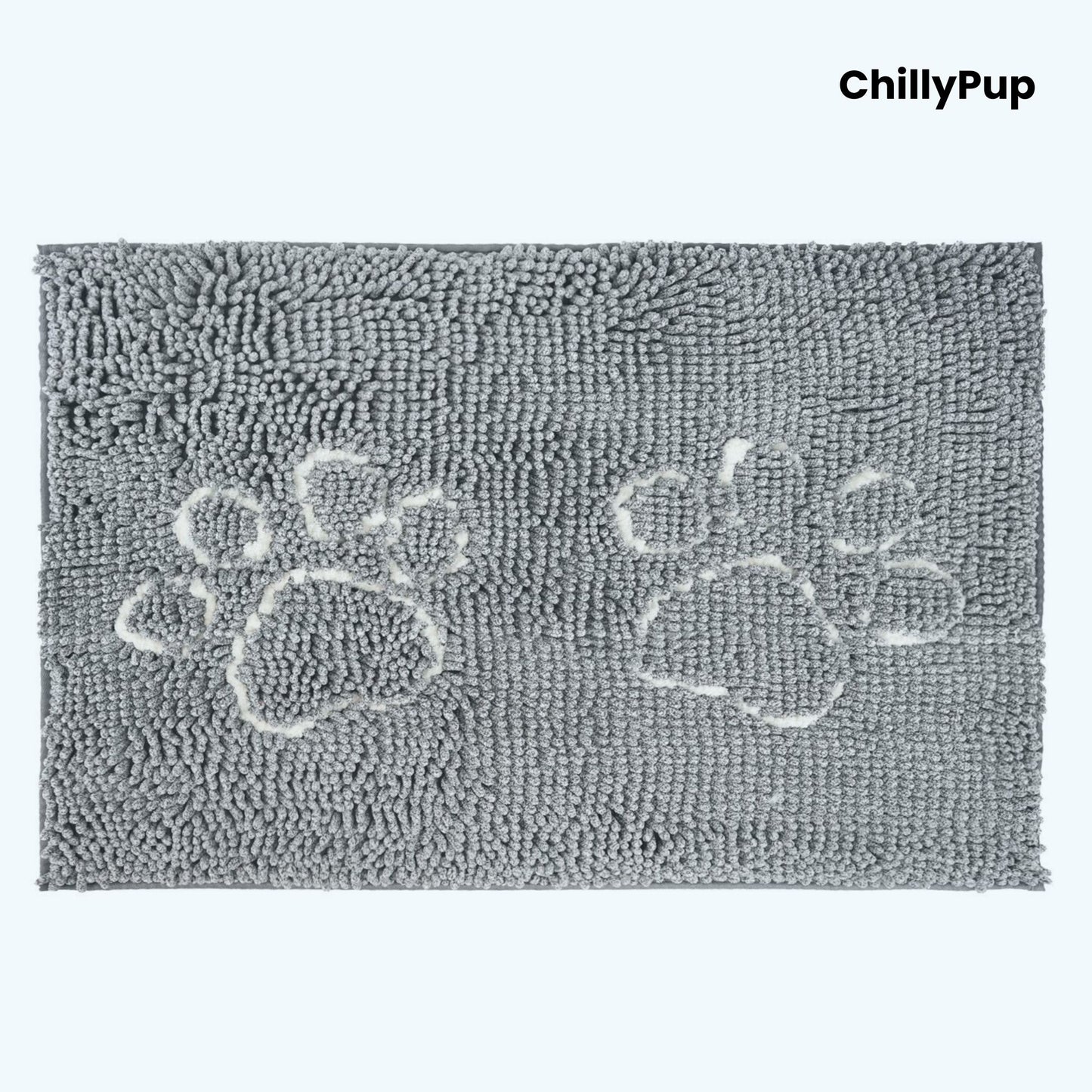 Grey doormat with paw prints and 'ChillyPup' branding on a white background