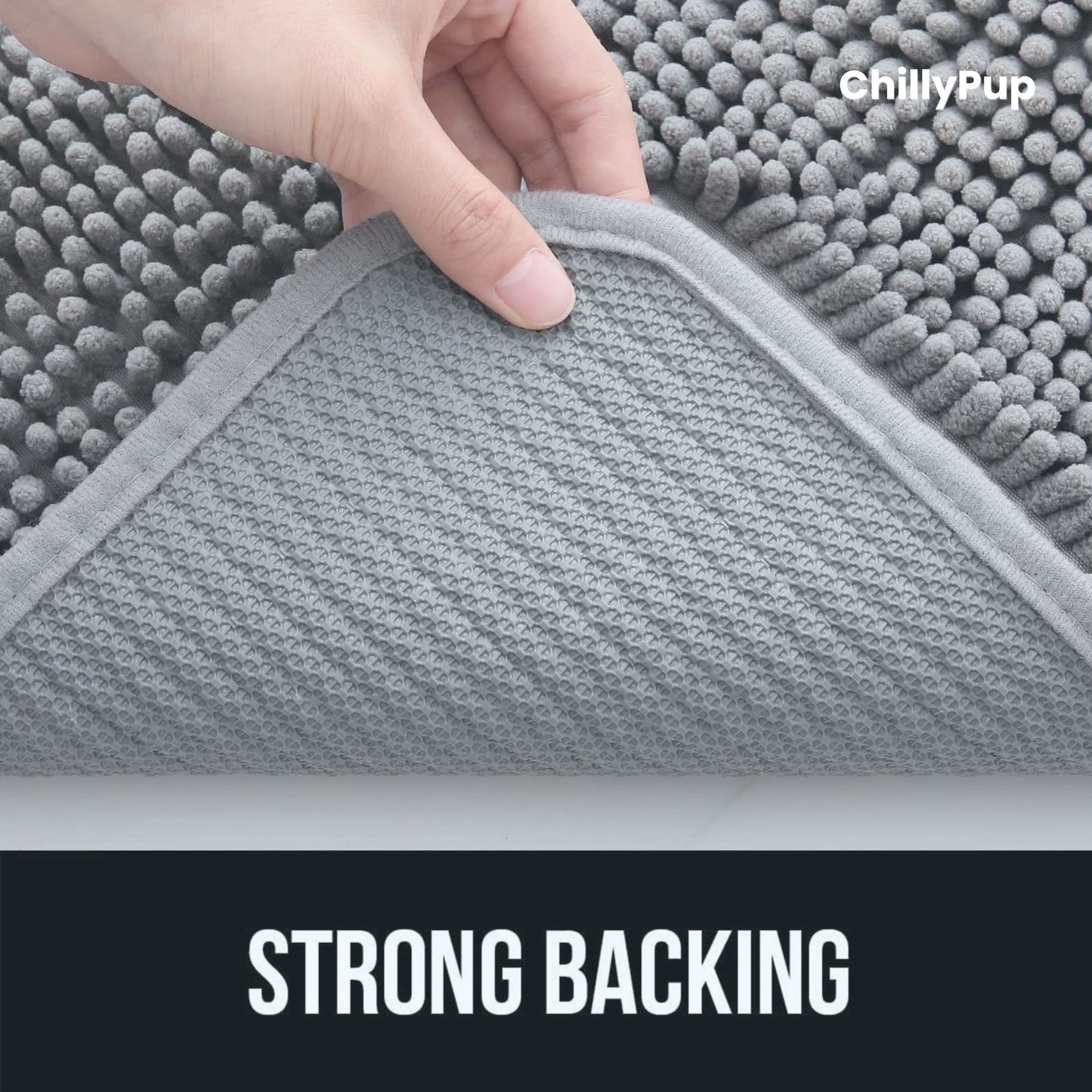 Gray textured mat with a hand lifting a corner, labelled 'ChillyPup' and 'Strong Backing'.