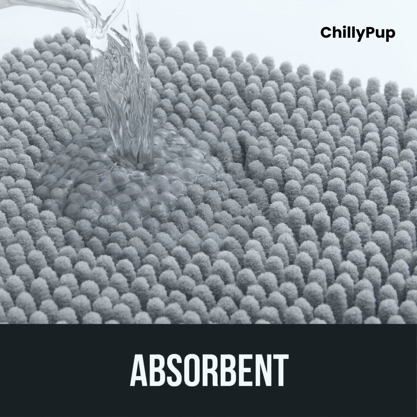 Close-up of a textured surface with water droplets, labelled 'ChillyPup' and 'Absorbent'.