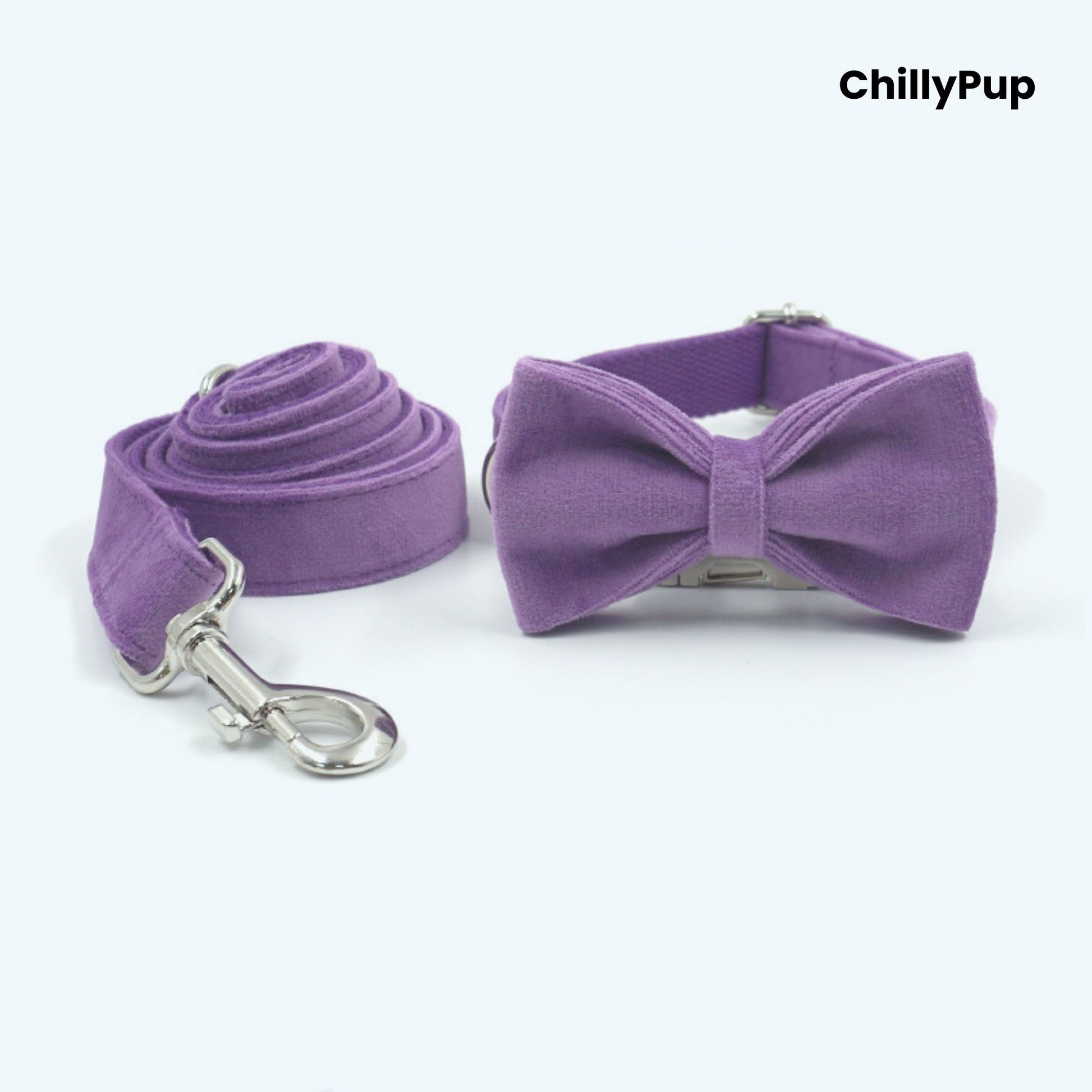 Purple Velvet Bow Tie Dog Collar & Lead Set on a white background with Chillypup branding
