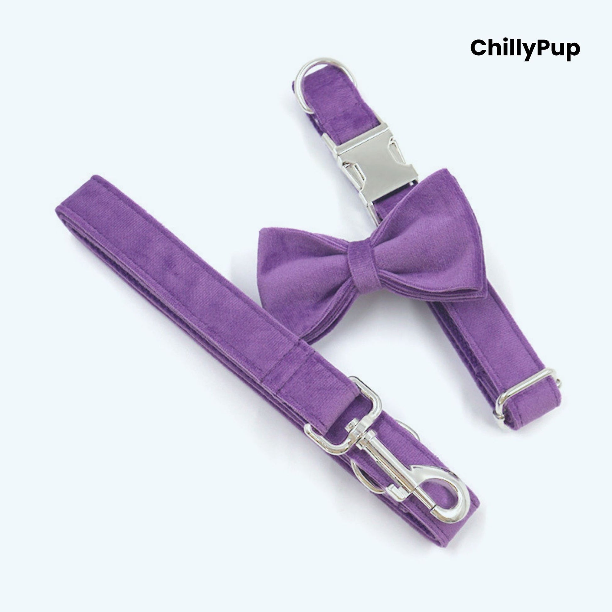 Purple Velvet Bow Tie Dog Collar & Lead Set on a white background with Chillypup branding