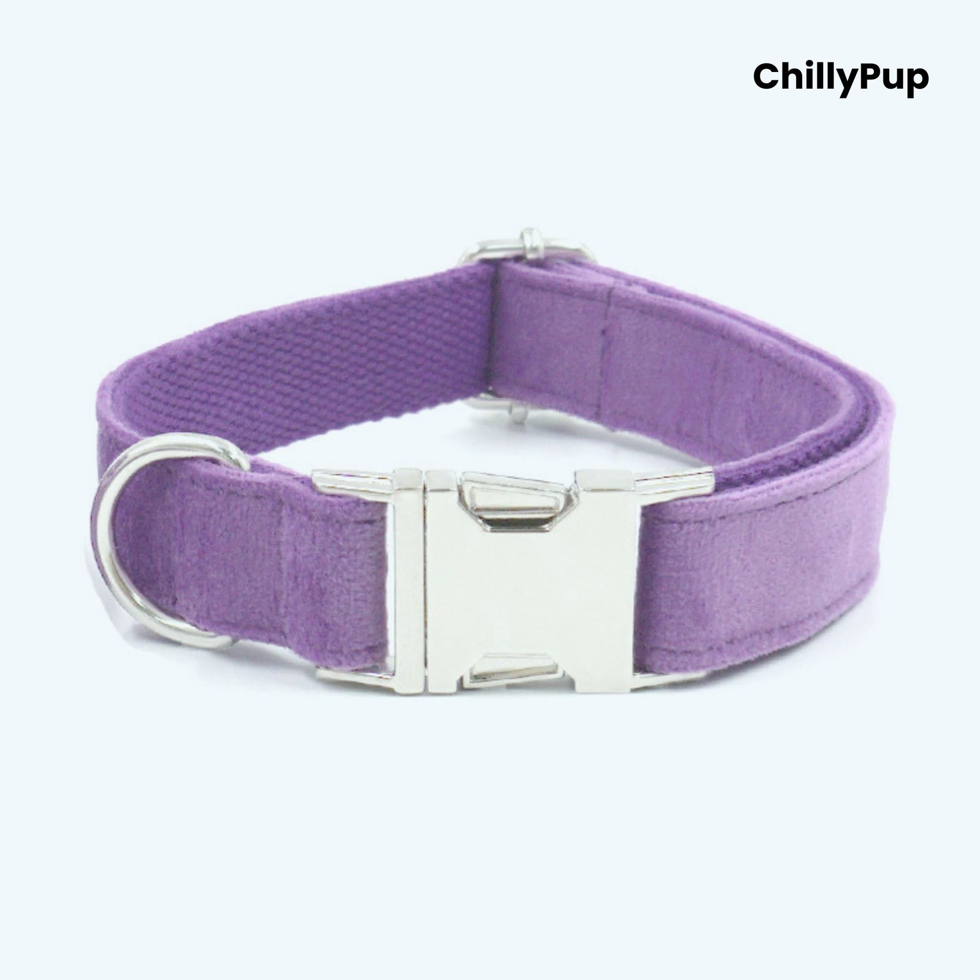 Purple Velvet Bow Tie Dog Collar & Lead Set on a white background with Chillypup branding