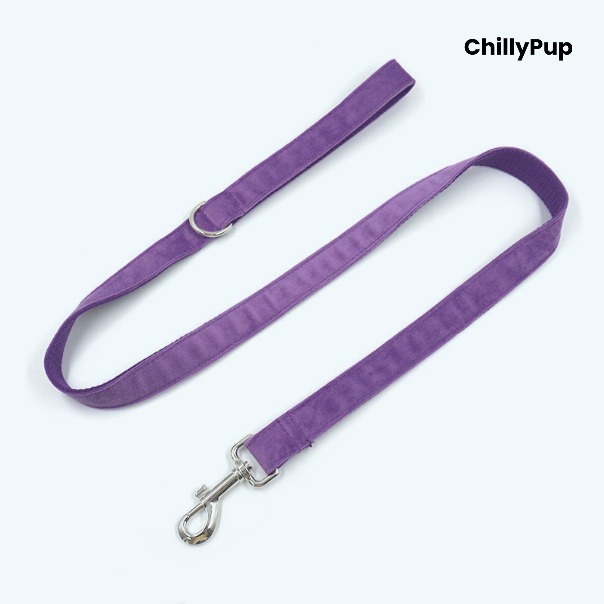 Purple Velvet Bow Tie Dog Collar & Lead Set on a white background with Chillypup branding