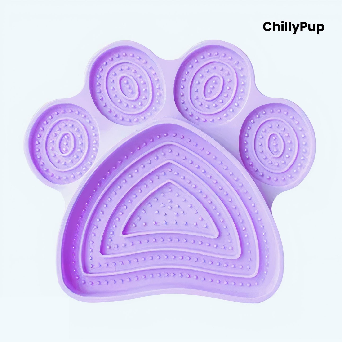 Purple paw-shaped pet lick pad with 'ChillyPup' branding on a white background