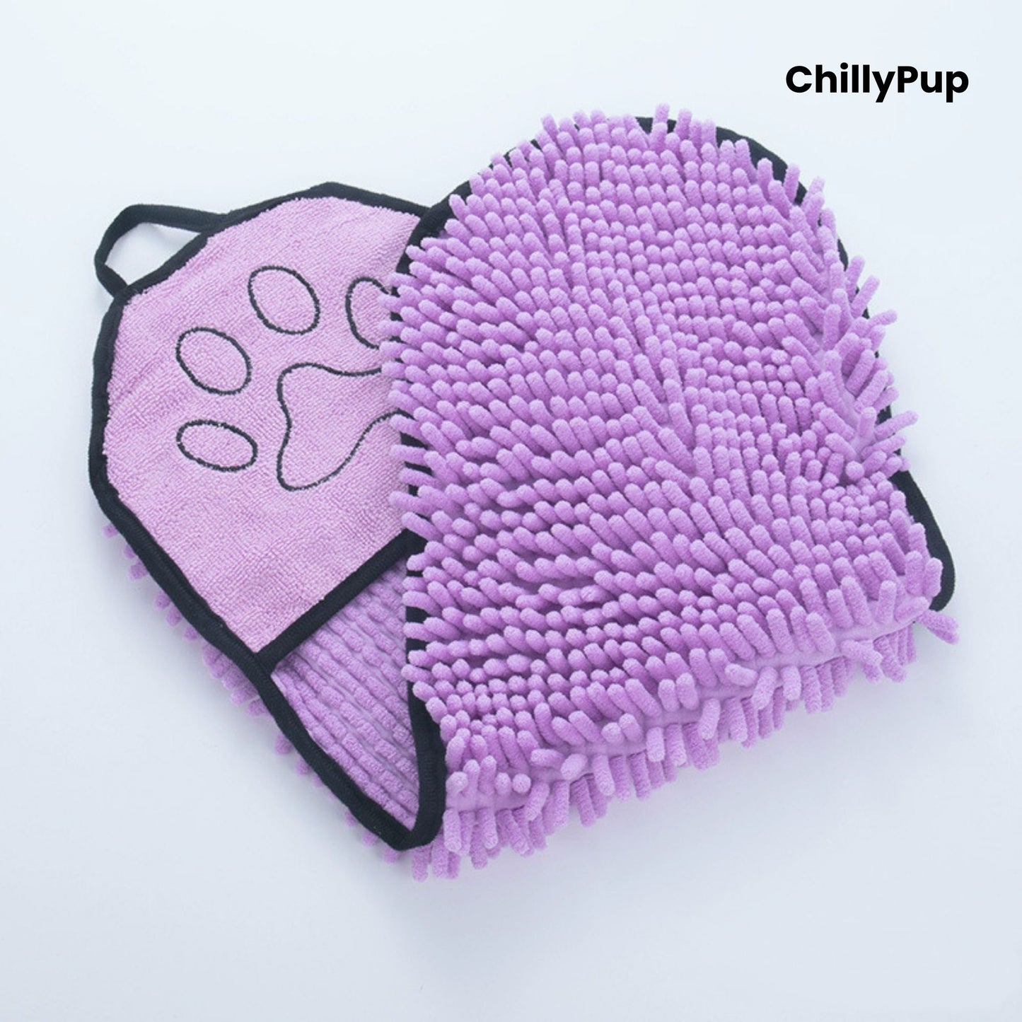 pink pet grooming mitt with paw print design on a light grey background, branded 'ChillyPup'.