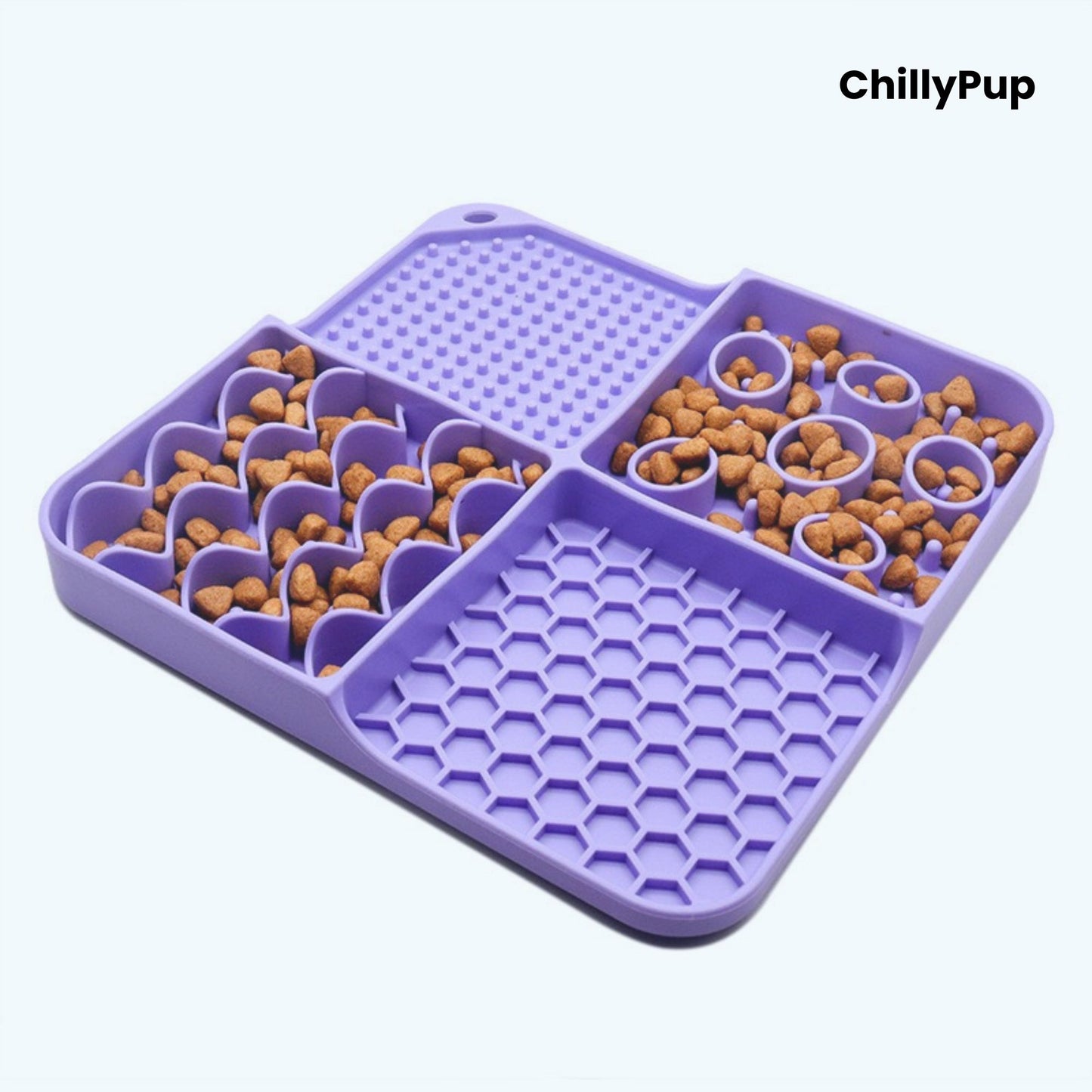 Purple silicone mat with textured surface and compartments for treats, branded 'ChillyPup'