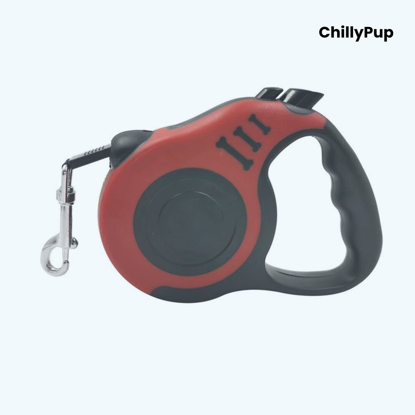 Black and red retractable dog lead with 'ChillyPup' branding on a white background